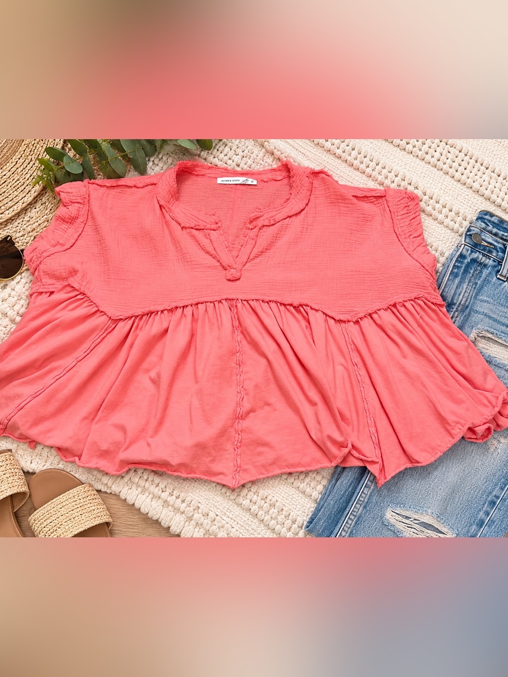 Altar’d State Coral Pink Cotton Babydoll Peplum Blouse